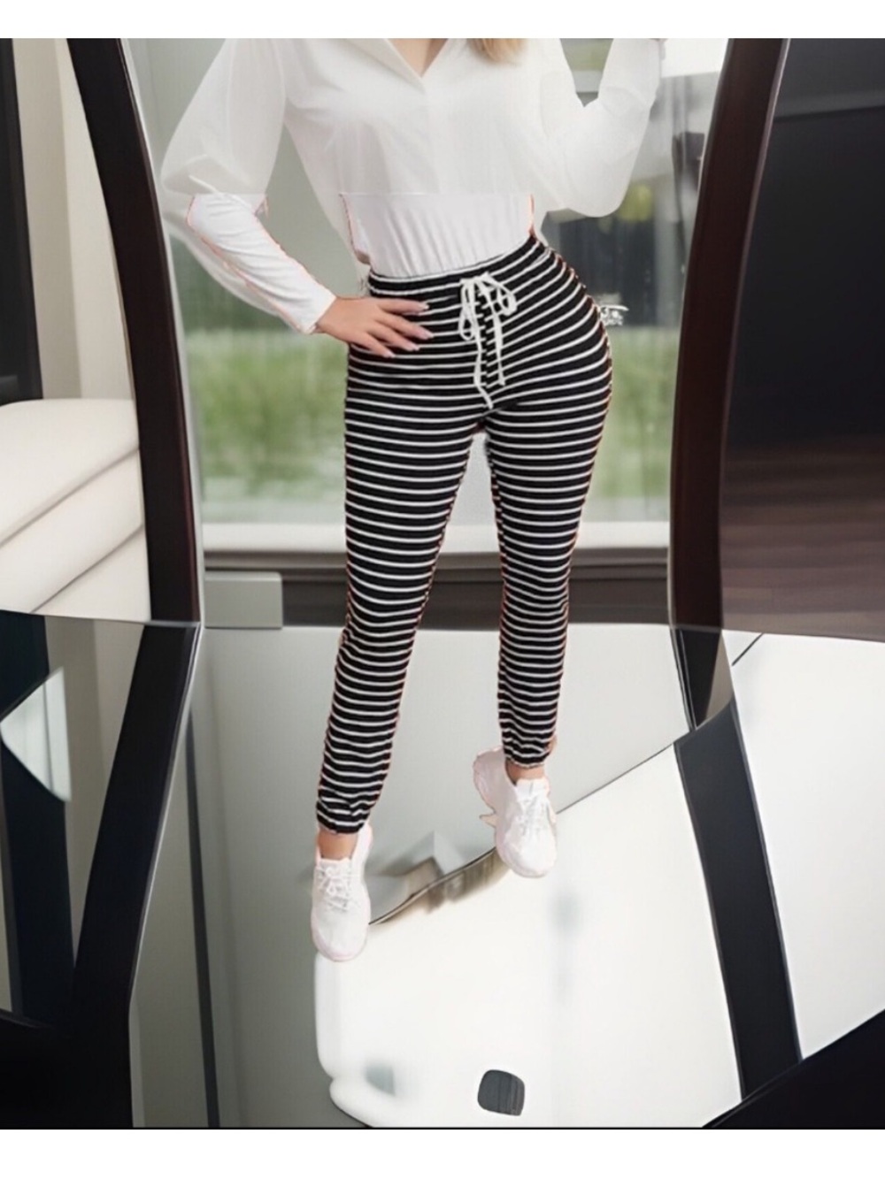 Black & White Striped Elastic Waist W/White Drawstring Elastic Cuffs Joggers